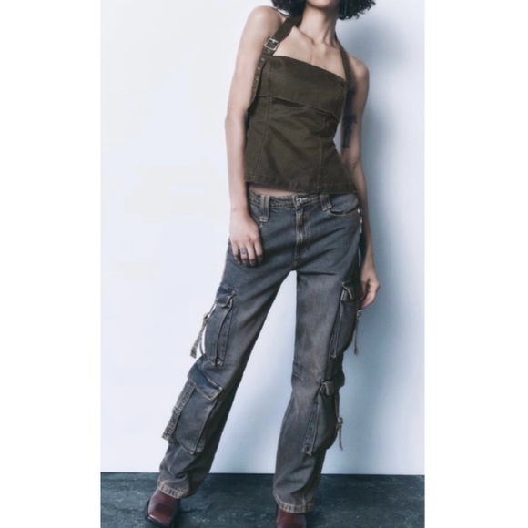 Zara Denim - Zara Gray Wash Straight Wide Leg Cargo Pocket Jeans